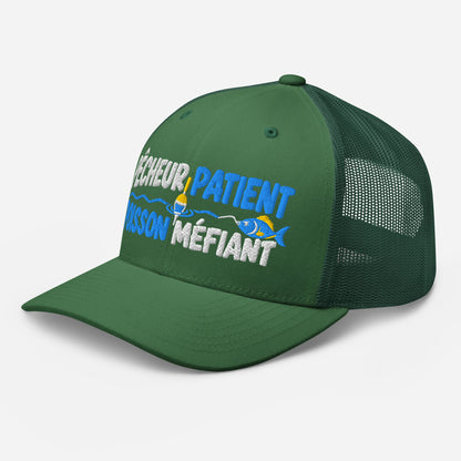 Casquette Trucker, brodée « Pêcheur patient, poisson méfiant », vue de trois quarts, image 59
