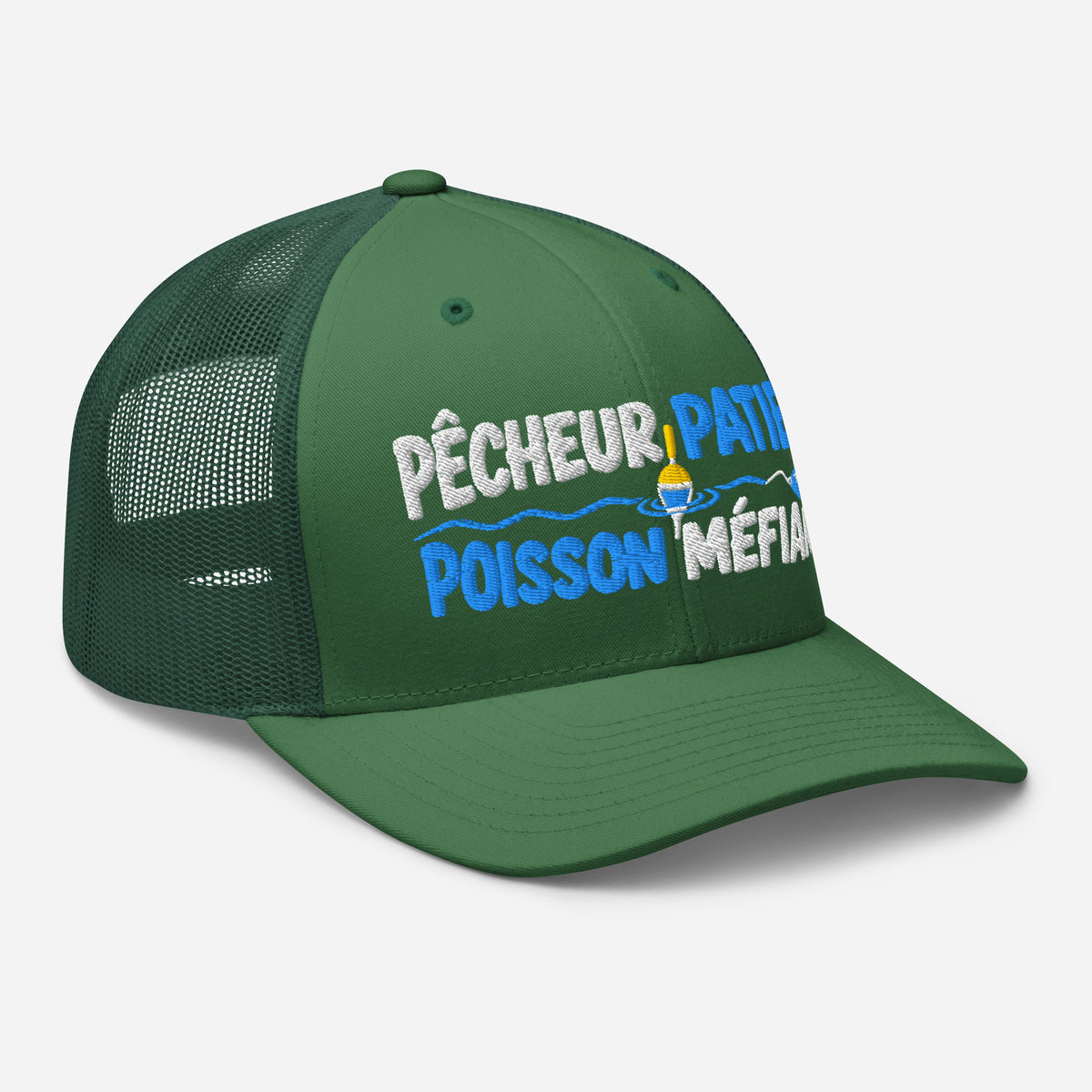 Casquette Trucker, brodée « Pêcheur patient, poisson méfiant », vue de trois quarts, image 61
