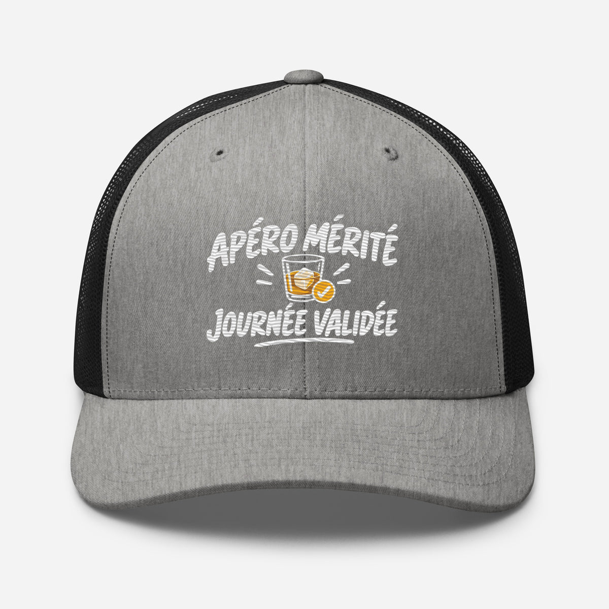 Casquette Trucker, brodée « Apéro mérité, journée validée », en Noir, vue de face, image 68