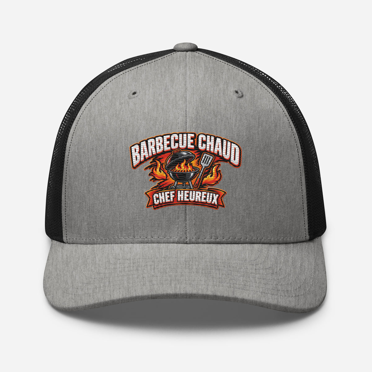 Casquette Trucker, brodée « Barbecue chaud, chef heureux », en Noir, vue de face, image 69