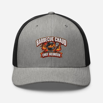 Casquette Trucker, brodée « Barbecue chaud, chef heureux », en Noir, vue de face, image 69