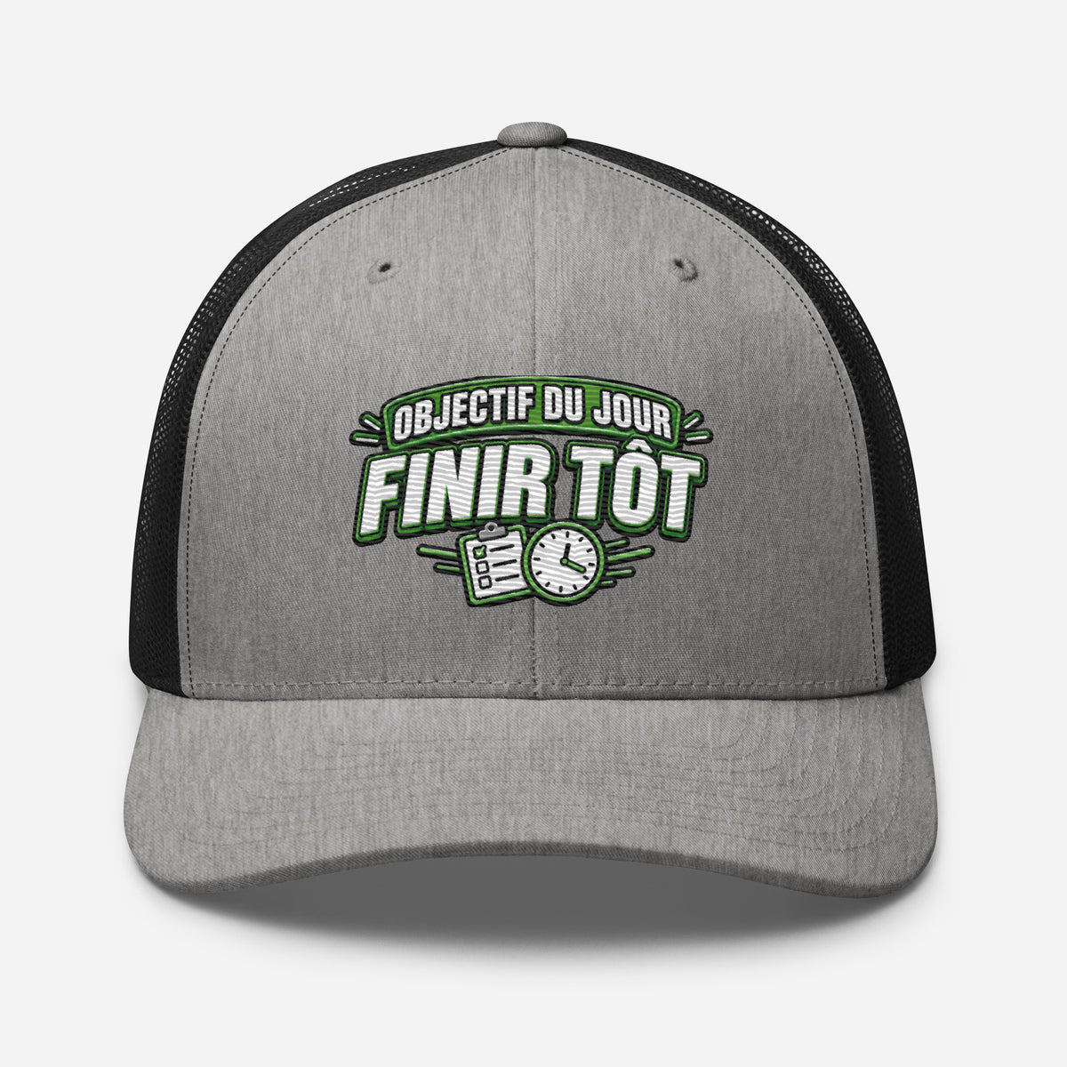 Casquette Trucker, brodée « Objectif du jour, finir tôt », en Noir, vue de face, image 68