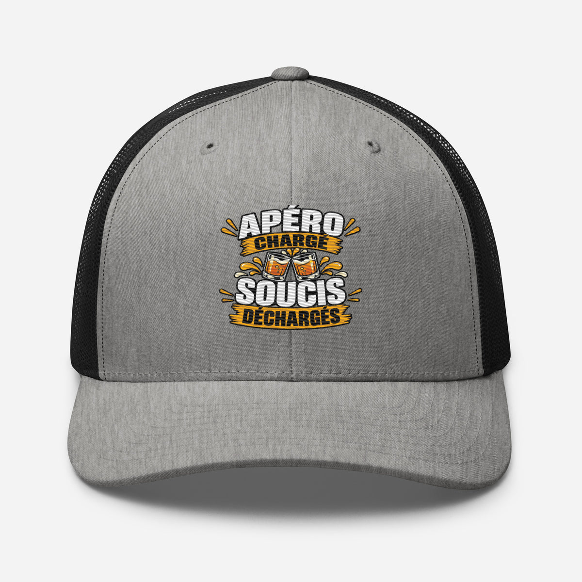 Casquette Trucker, brodée « Apéro chargé, soucis déchargés », en Noir, vue de face, image 69