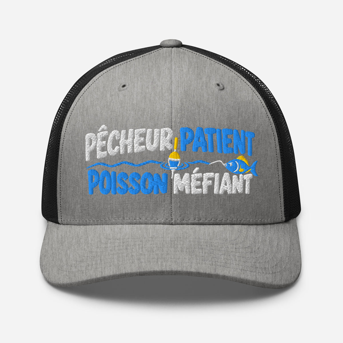 Casquette Trucker, brodée « Pêcheur patient, poisson méfiant », en Noir, vue de face, image 69