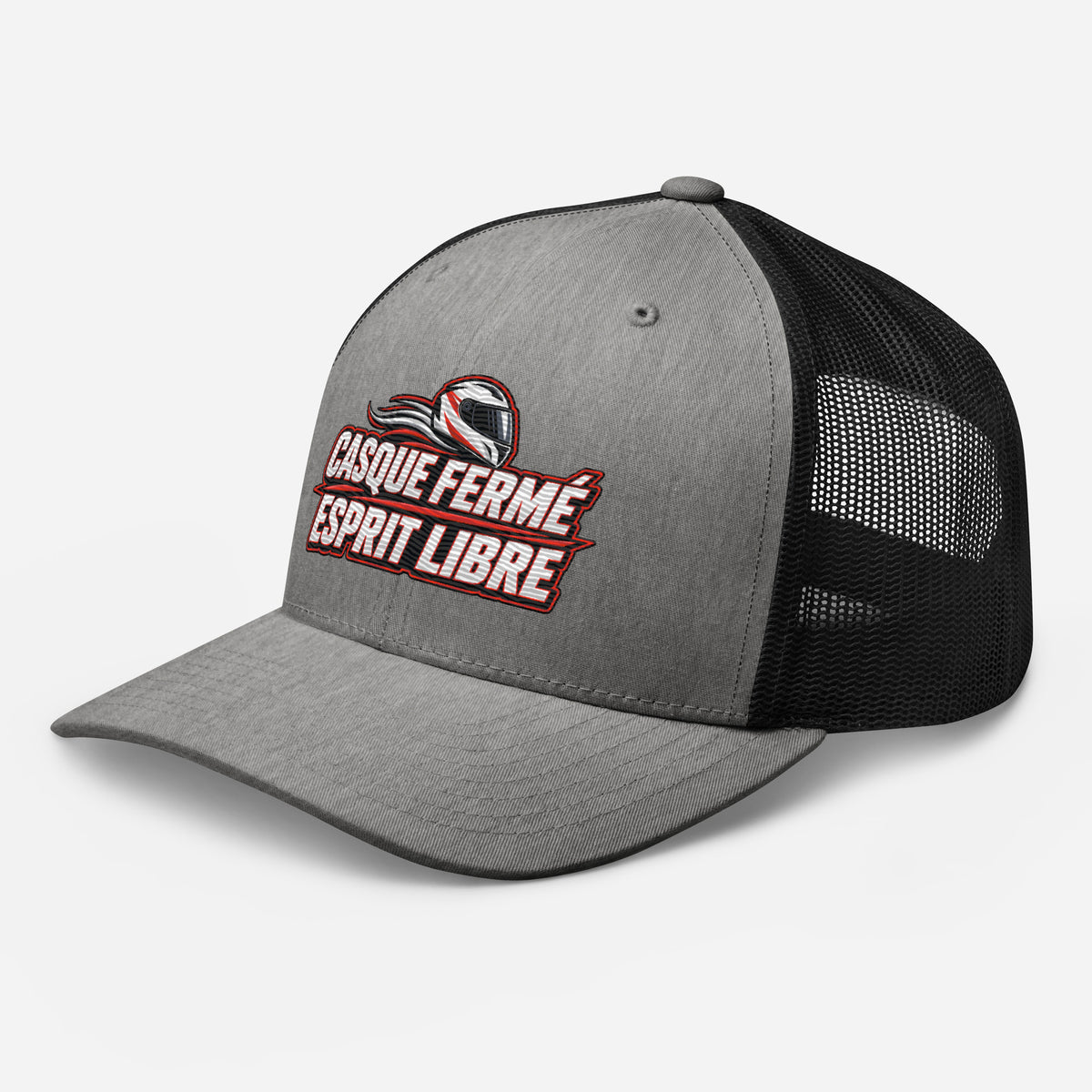 Casquette Trucker, brodée « Casque fermé, esprit libre », en Noir, vue de trois quarts, image 70