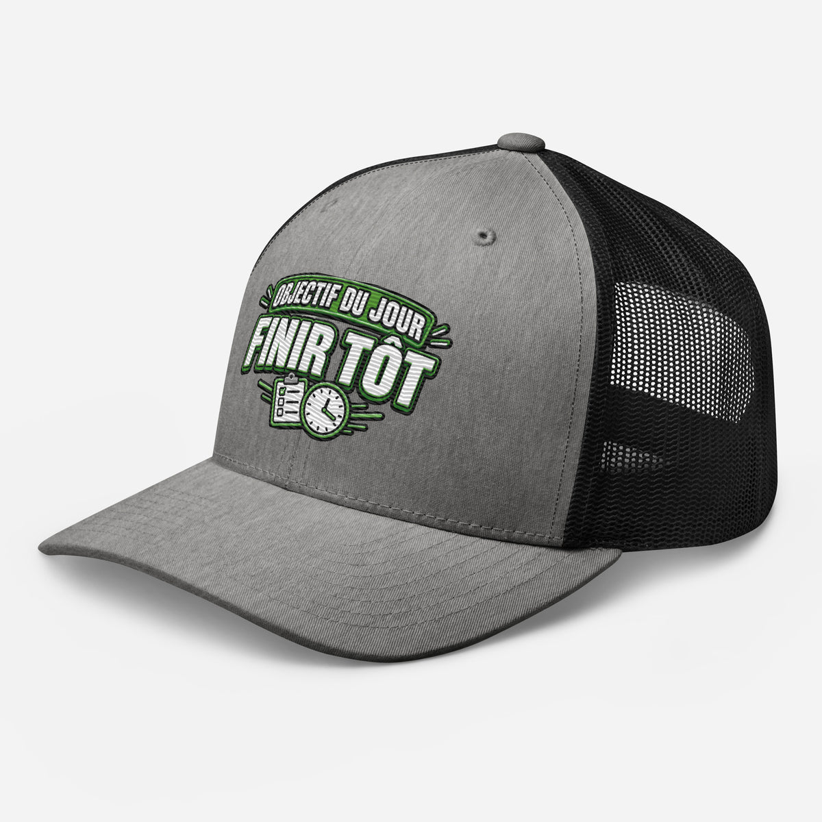 Casquette Trucker, brodée « Objectif du jour, finir tôt », en Noir, vue de trois quarts, image 70
