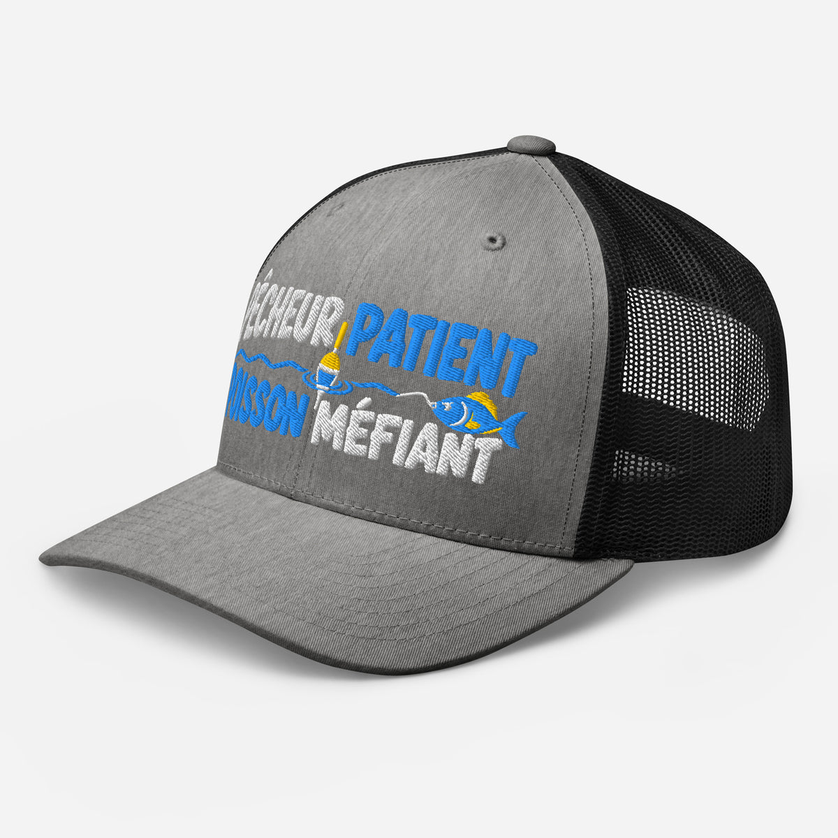 Casquette Trucker, brodée « Pêcheur patient, poisson méfiant », en Noir, vue de trois quarts