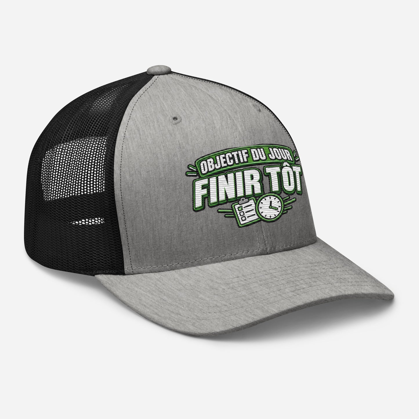 Casquette Trucker, brodée « Objectif du jour, finir tôt », en Noir, vue de trois quarts, image 72