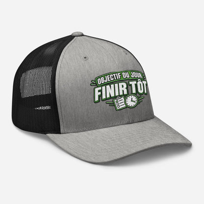Casquette Trucker, brodée « Objectif du jour, finir tôt », en Noir, vue de trois quarts, image 72