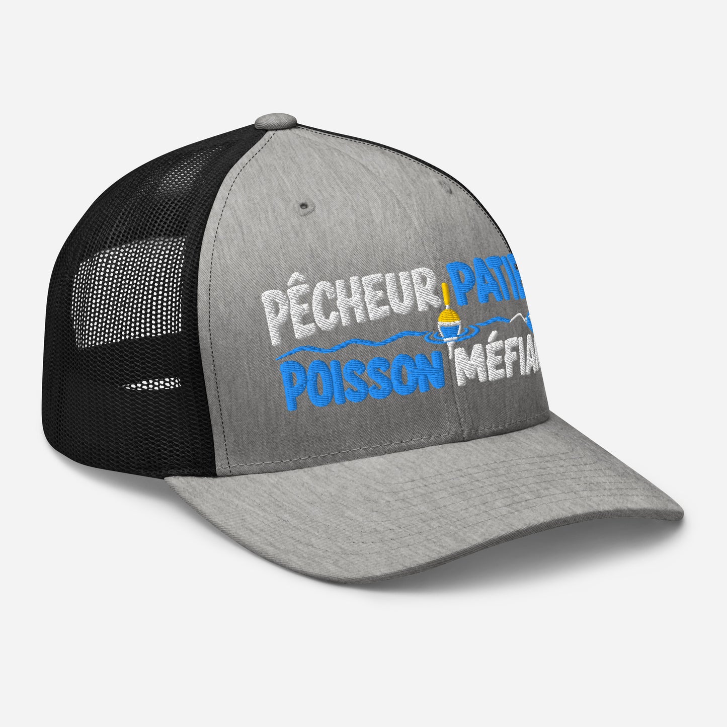 Casquette Trucker, brodée « Pêcheur patient, poisson méfiant », en Noir, vue de trois quarts, image 72