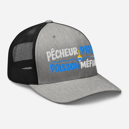 Casquette Trucker, brodée « Pêcheur patient, poisson méfiant », en Noir, vue de trois quarts, image 72