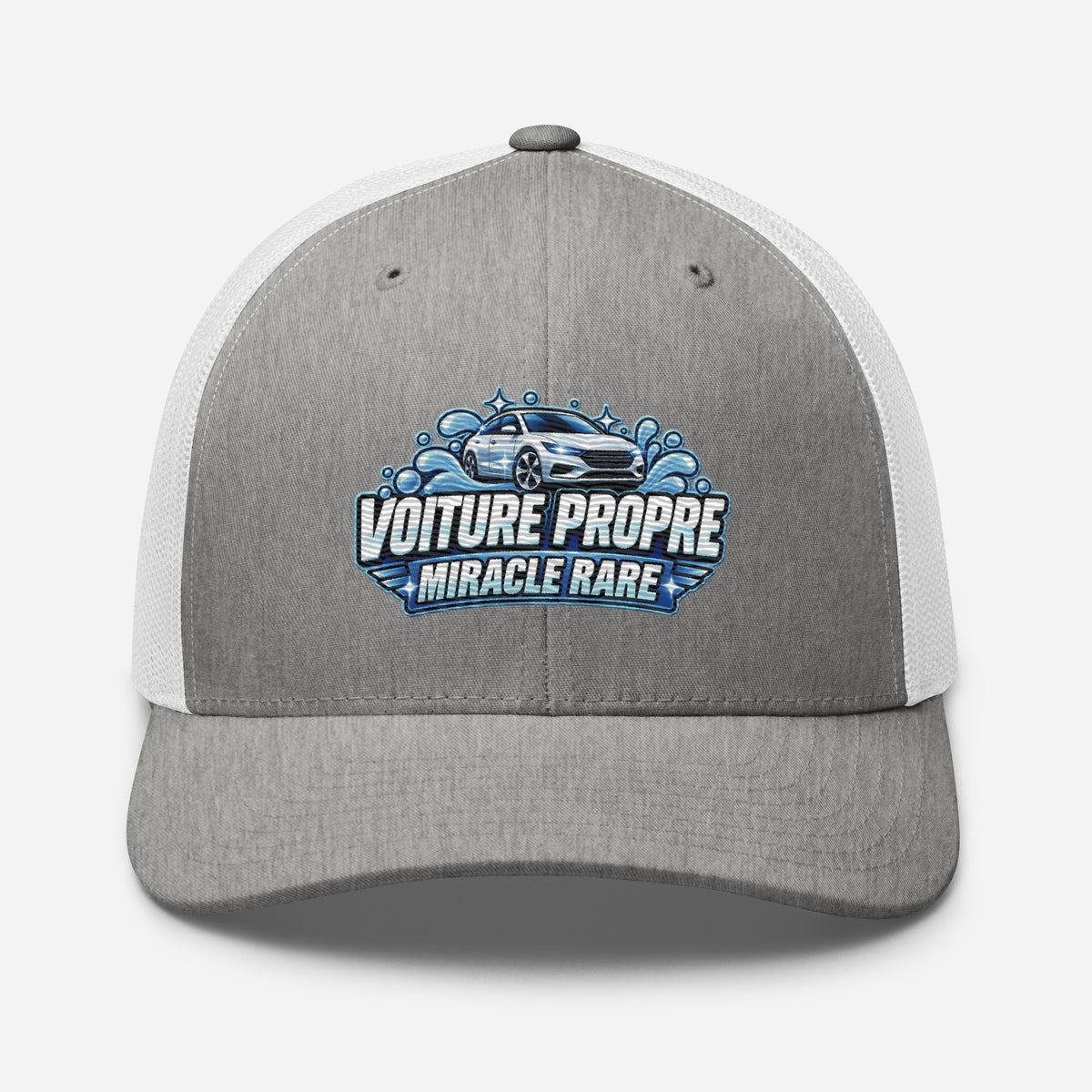 Casquette Trucker, brodée « Voiture propre, miracle rare », en Heather Grey/White, vue de face, image 74