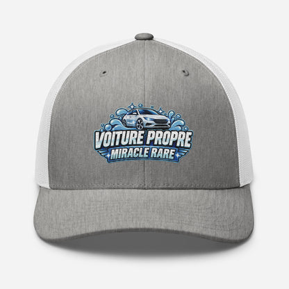 Casquette Trucker, brodée « Voiture propre, miracle rare », en Heather Grey/White, vue de face, image 74