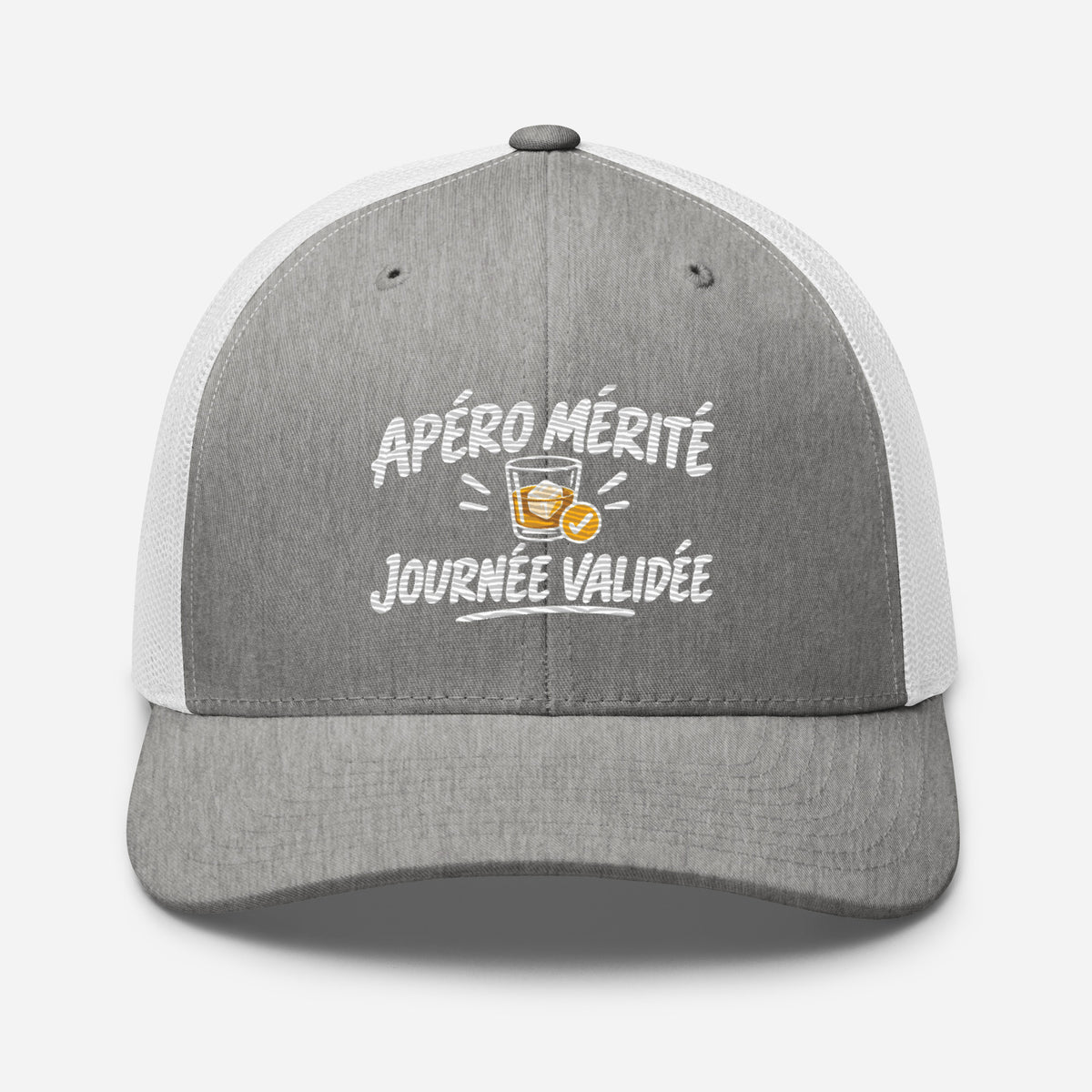 Casquette Trucker, brodée « Apéro mérité, journée validée », en Heather Grey/White, vue de face, image 73