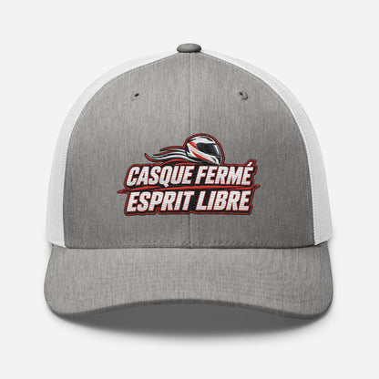 Casquette Trucker, brodée « Casque fermé, esprit libre », en Heather Grey/White, vue de face, image 73