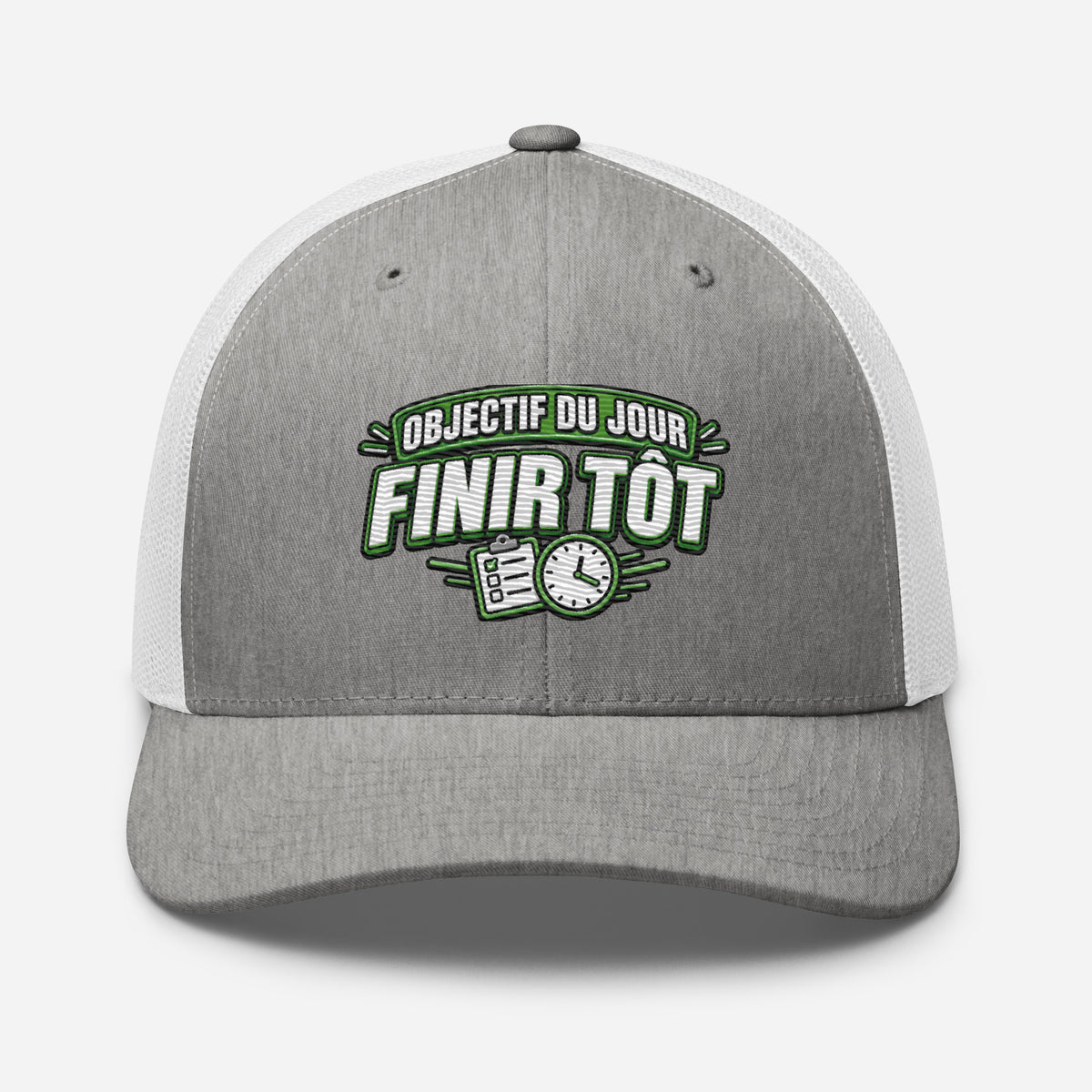 Casquette Trucker, brodée « Objectif du jour, finir tôt », en Heather Grey/White, vue de face, image 73