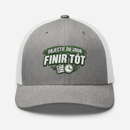 Casquette Trucker, brodée « Objectif du jour, finir tôt », en Heather Grey/White, vue de face, image 73