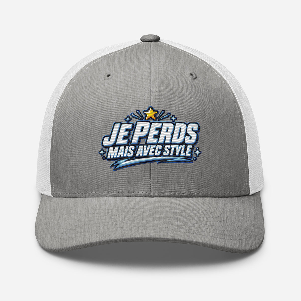 Casquette Trucker, brodée « Je perds mais avec style », en Heather Grey/White, vue de face, image 73