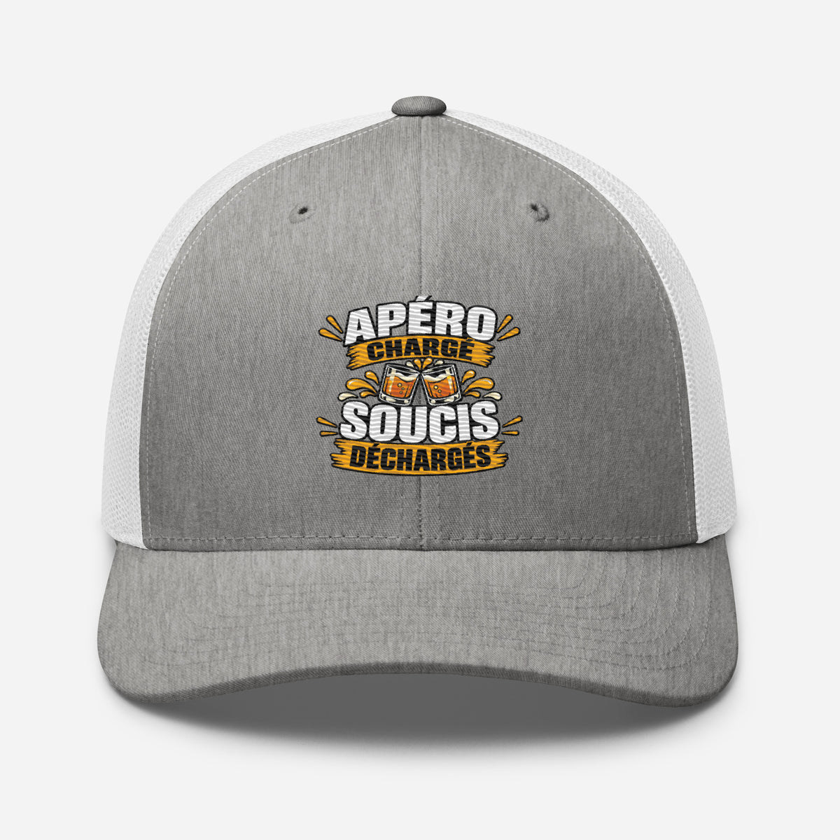 Casquette Trucker, brodée « Apéro chargé, soucis déchargés », en Heather Grey/White, vue de face, image 73