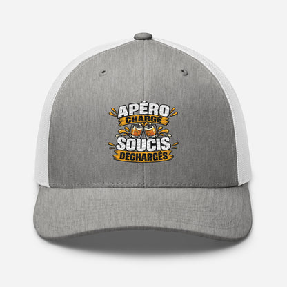 Casquette Trucker, brodée « Apéro chargé, soucis déchargés », en Heather Grey/White, vue de face, image 73