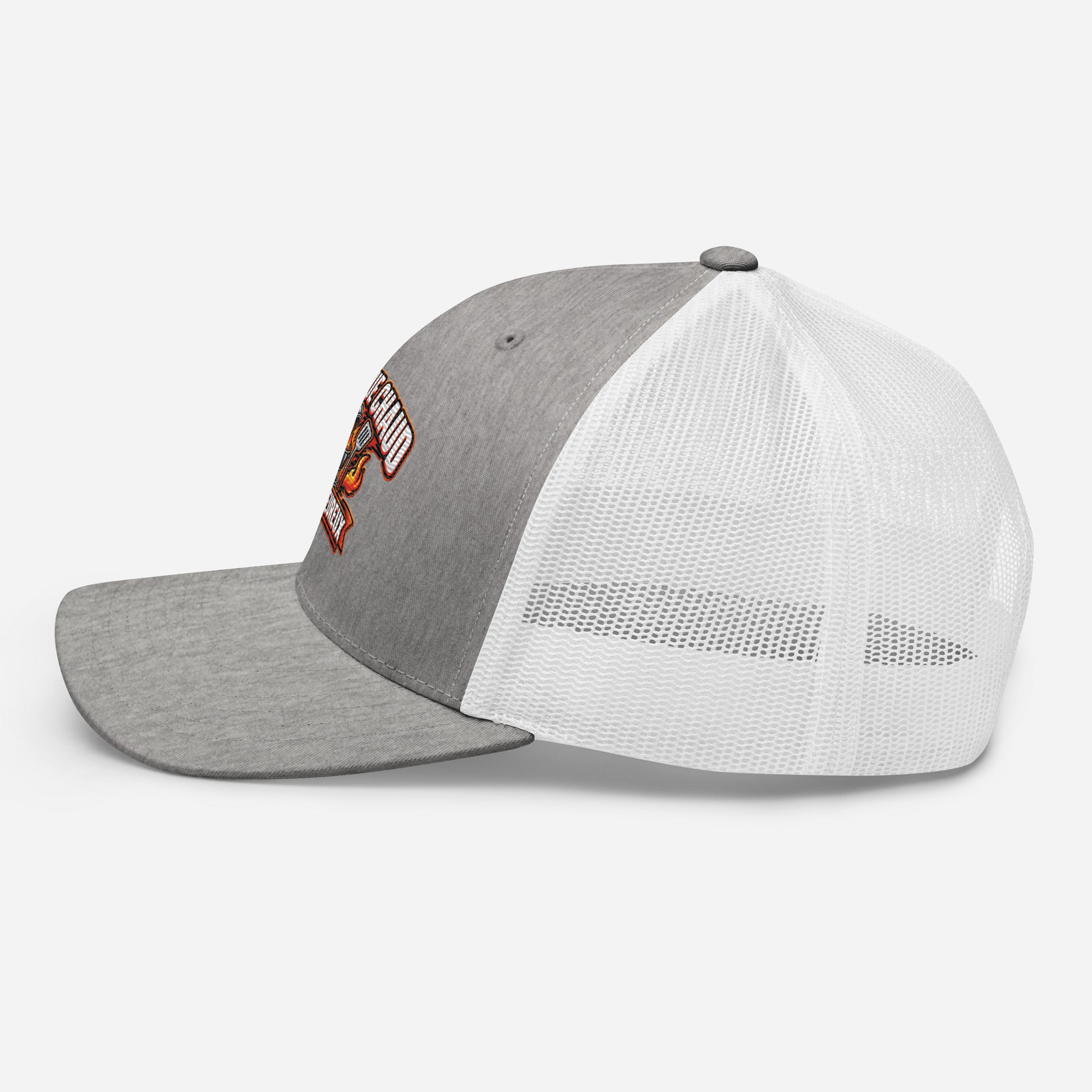 Casquette Trucker, brodée « Barbecue chaud, chef heureux », en Heather Grey/White, image 76