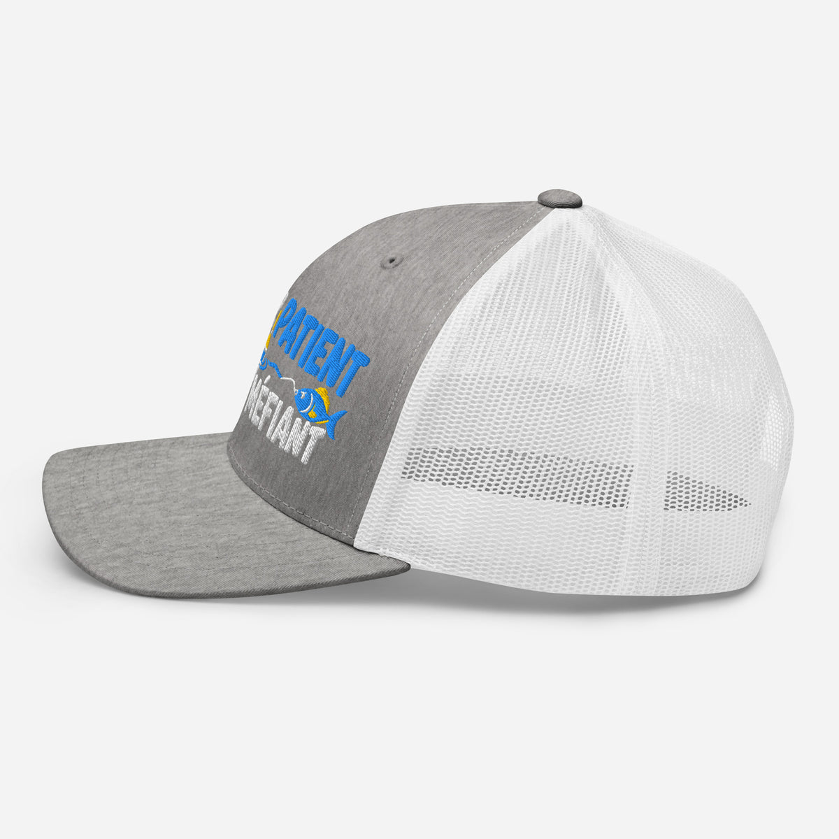 Casquette Trucker, brodée « Pêcheur patient, poisson méfiant », en Heather Grey/White, image 75
