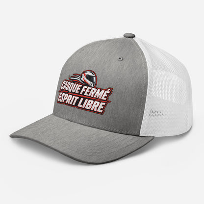 Casquette Trucker, brodée « Casque fermé, esprit libre », en Heather Grey/White, vue de trois quarts, image 76