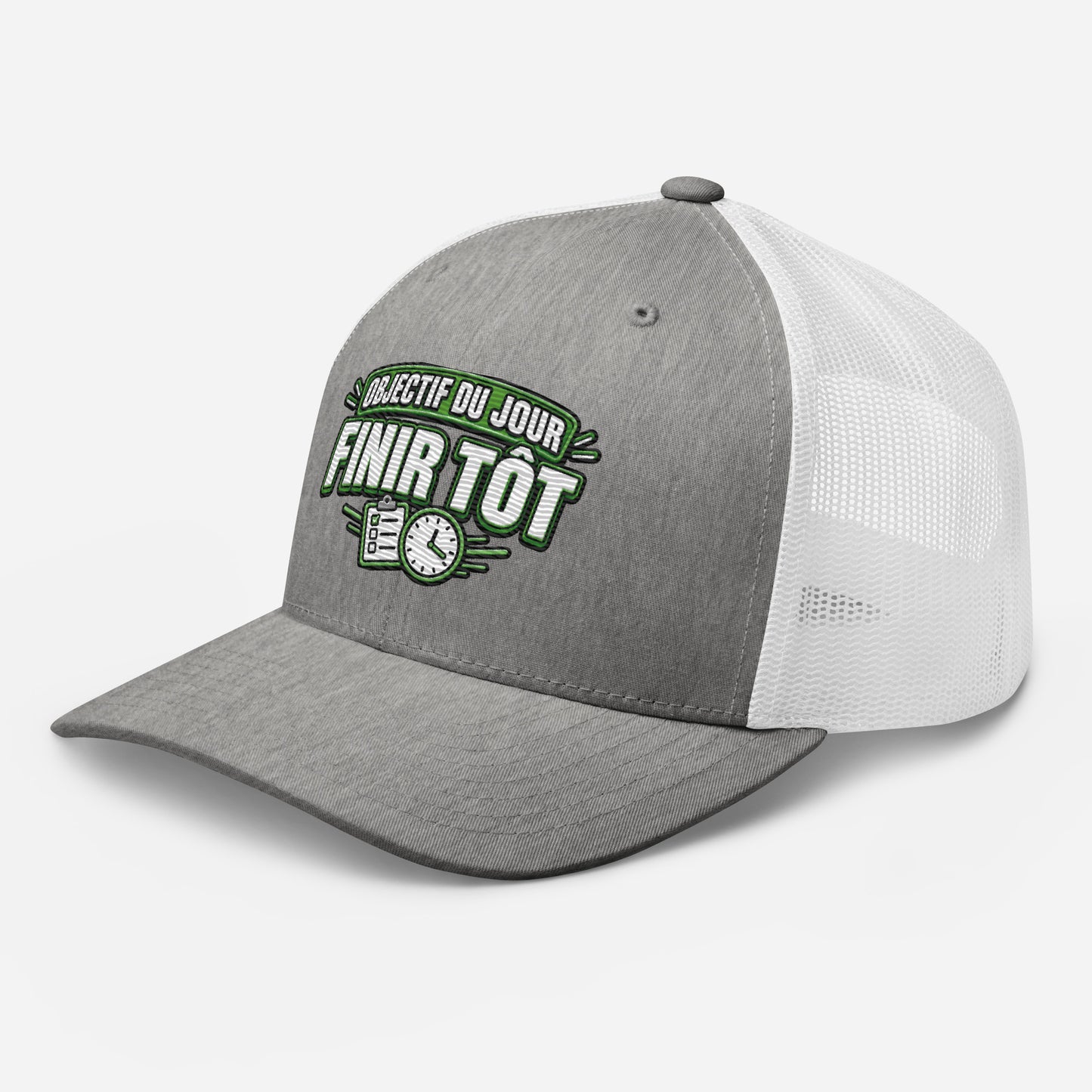Casquette Trucker, brodée « Objectif du jour, finir tôt », en Heather Grey/White, vue de trois quarts, image 76