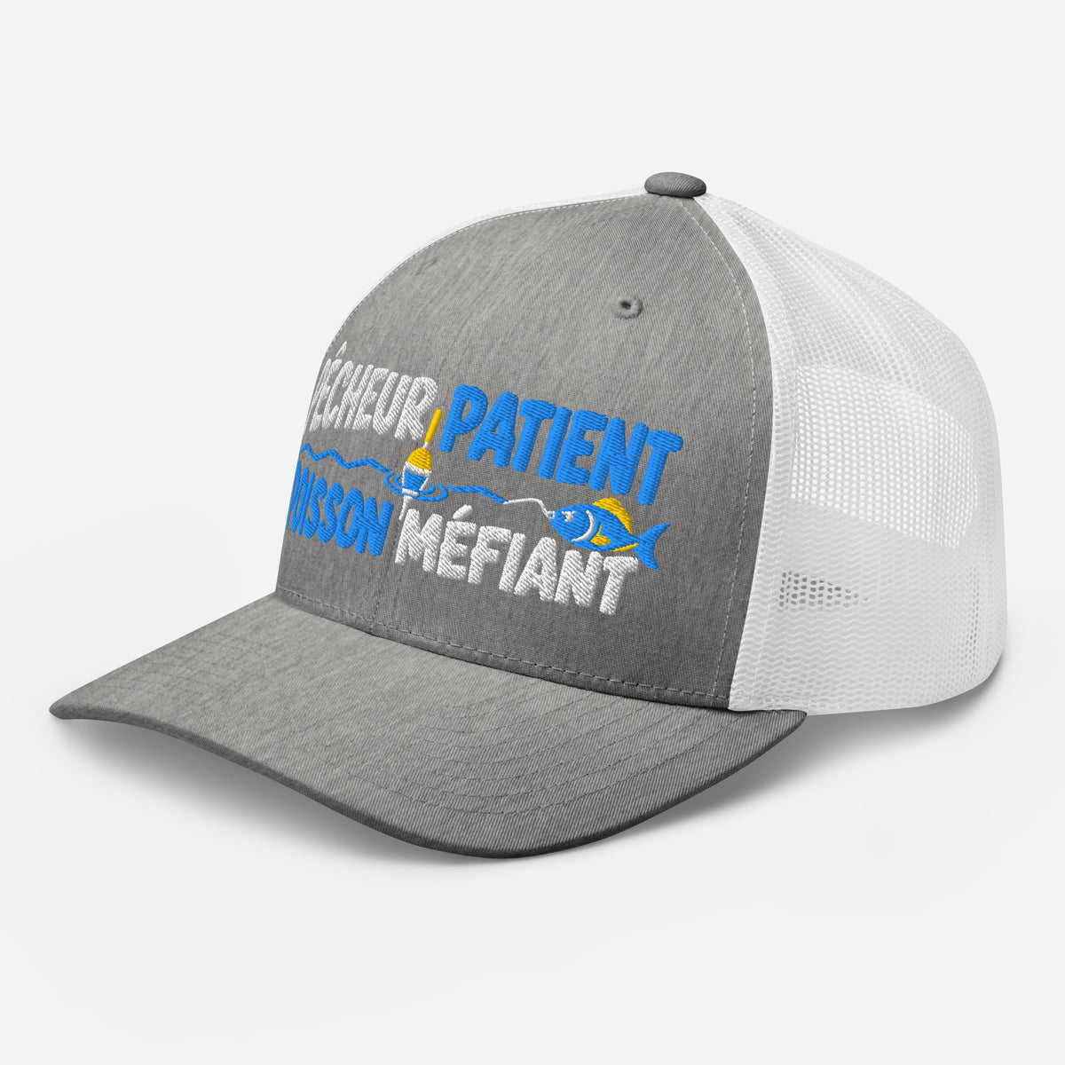 Casquette Trucker, brodée « Pêcheur patient, poisson méfiant », en Heather Grey/White, vue de trois quarts, image 76