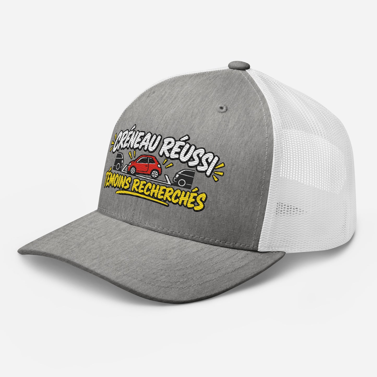Casquette Trucker, brodée « Créneau réussi, Témoins recherchés », en Heather Grey/White, vue de trois quarts, image 77