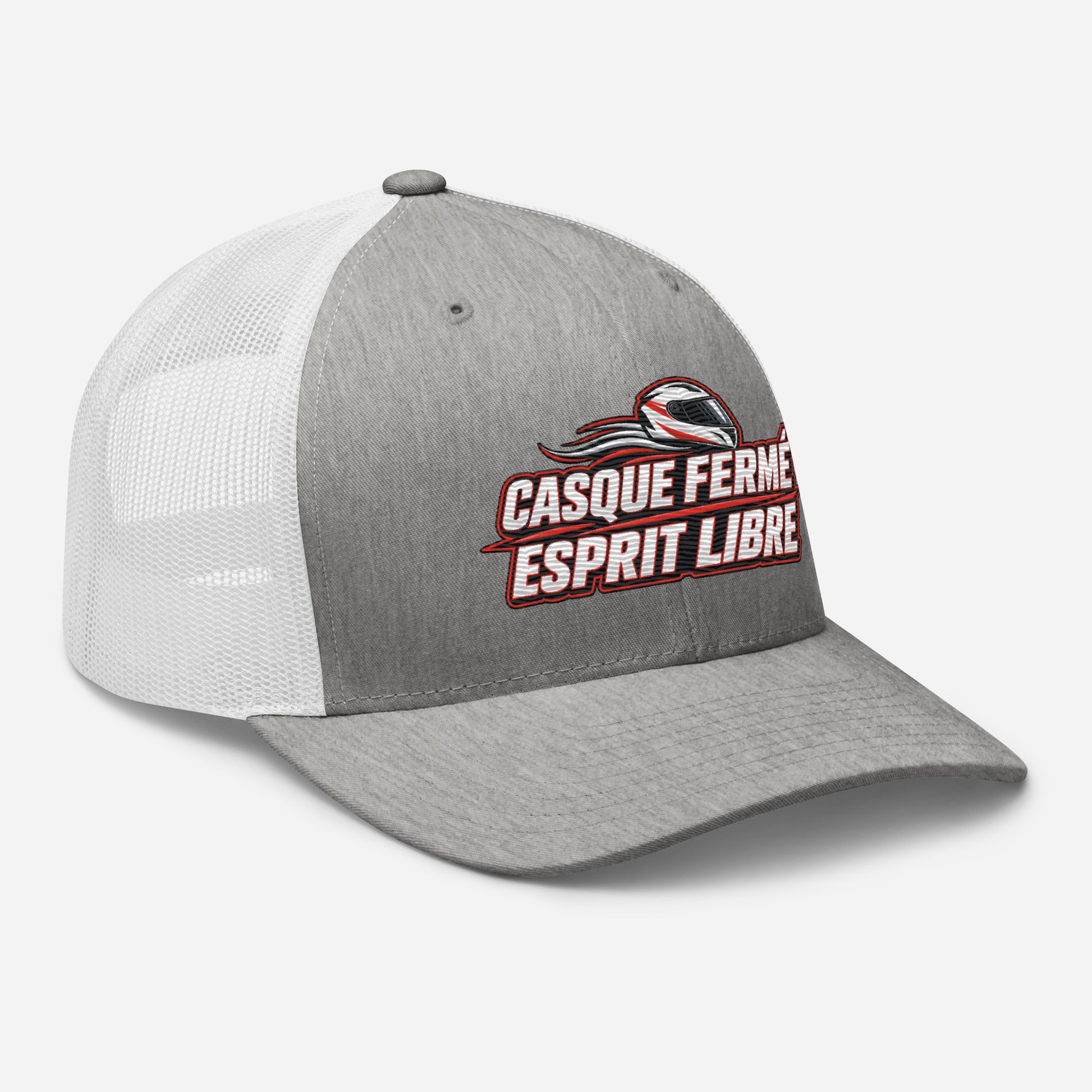 Casquette Trucker, brodée « Casque fermé, esprit libre », en Heather Grey/White, vue de trois quarts, image 78