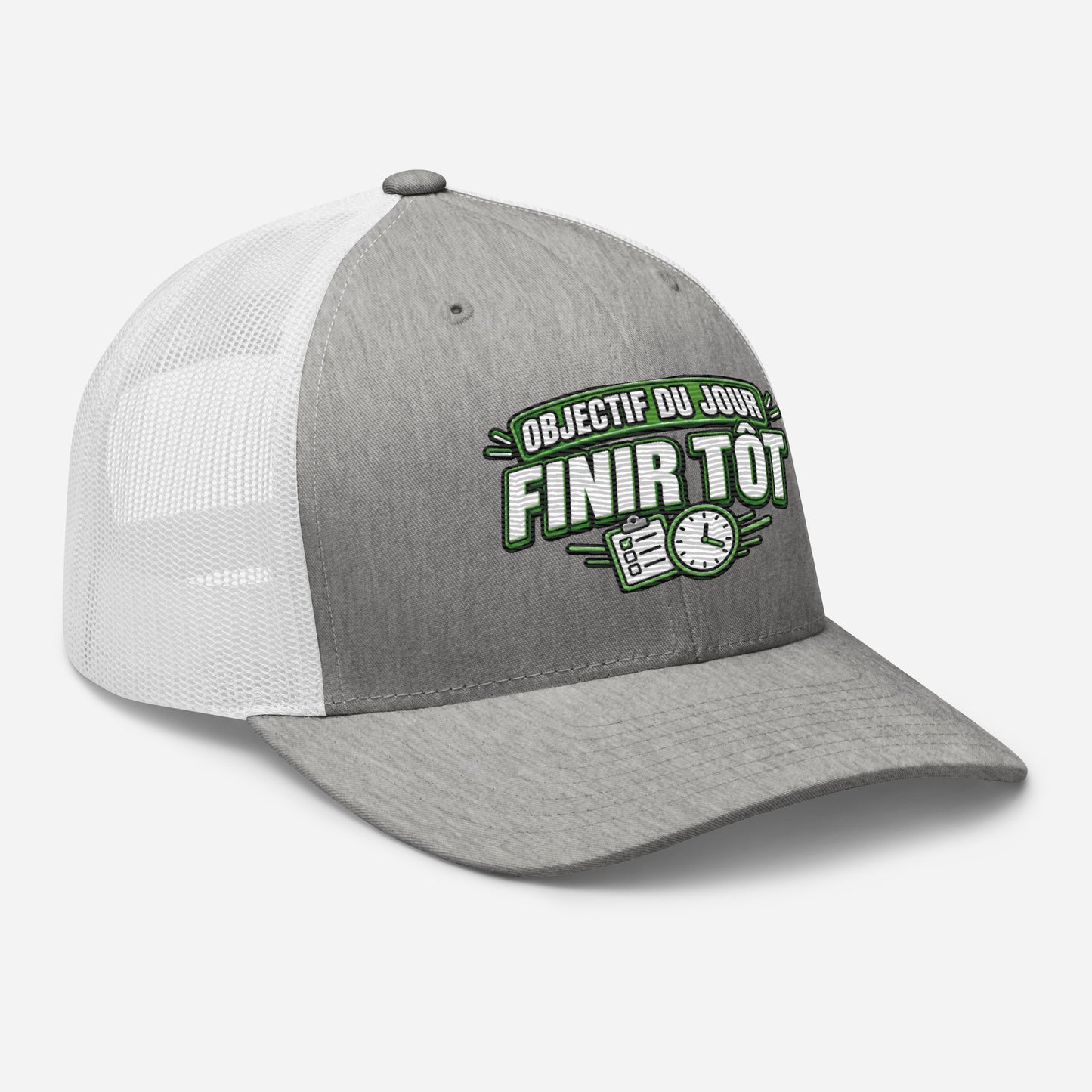 Casquette Trucker, brodée « Objectif du jour, finir tôt », en Heather Grey/White, vue de trois quarts, image 78