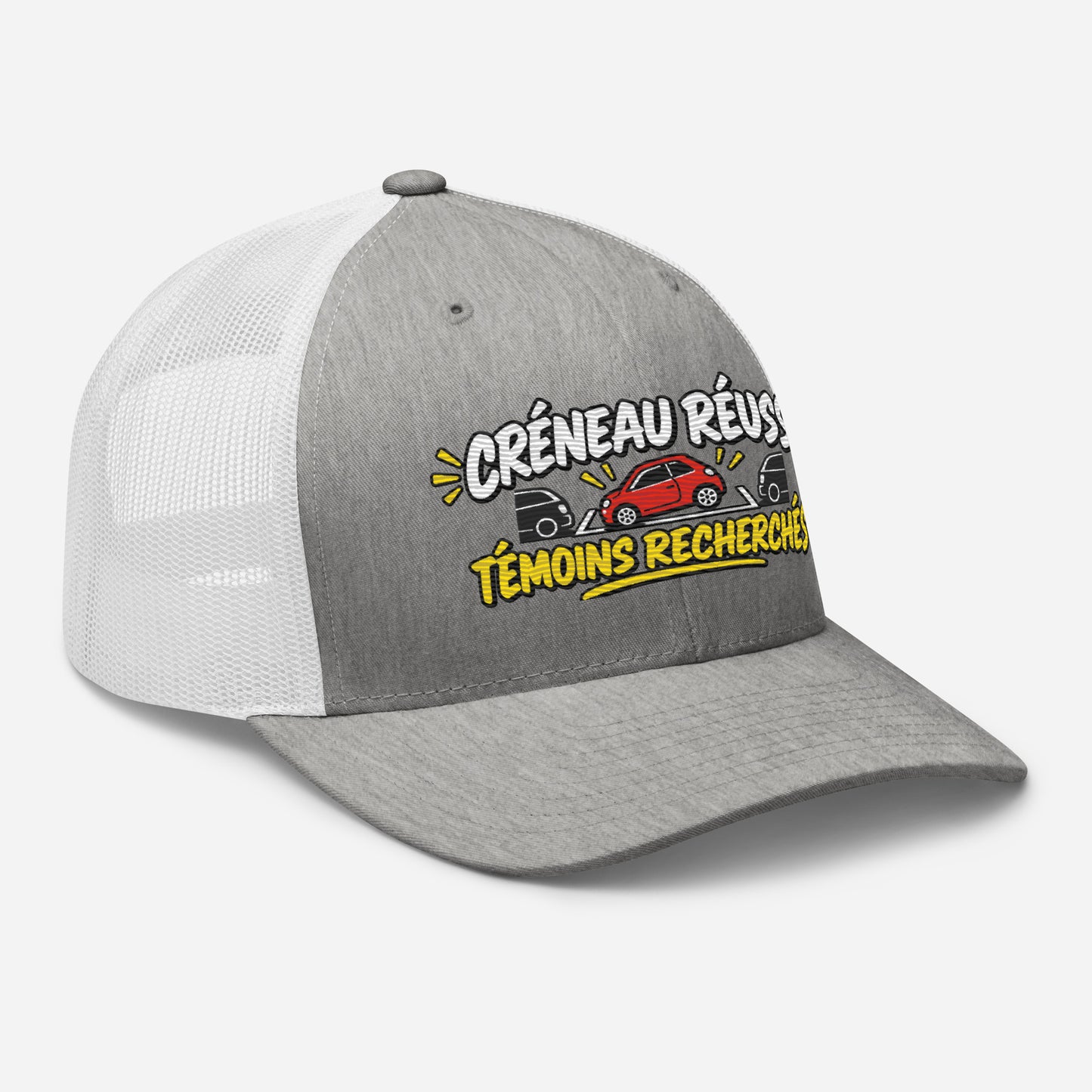 Casquette Trucker, brodée « Créneau réussi, Témoins recherchés », en Heather Grey/White, vue de trois quarts, image 79