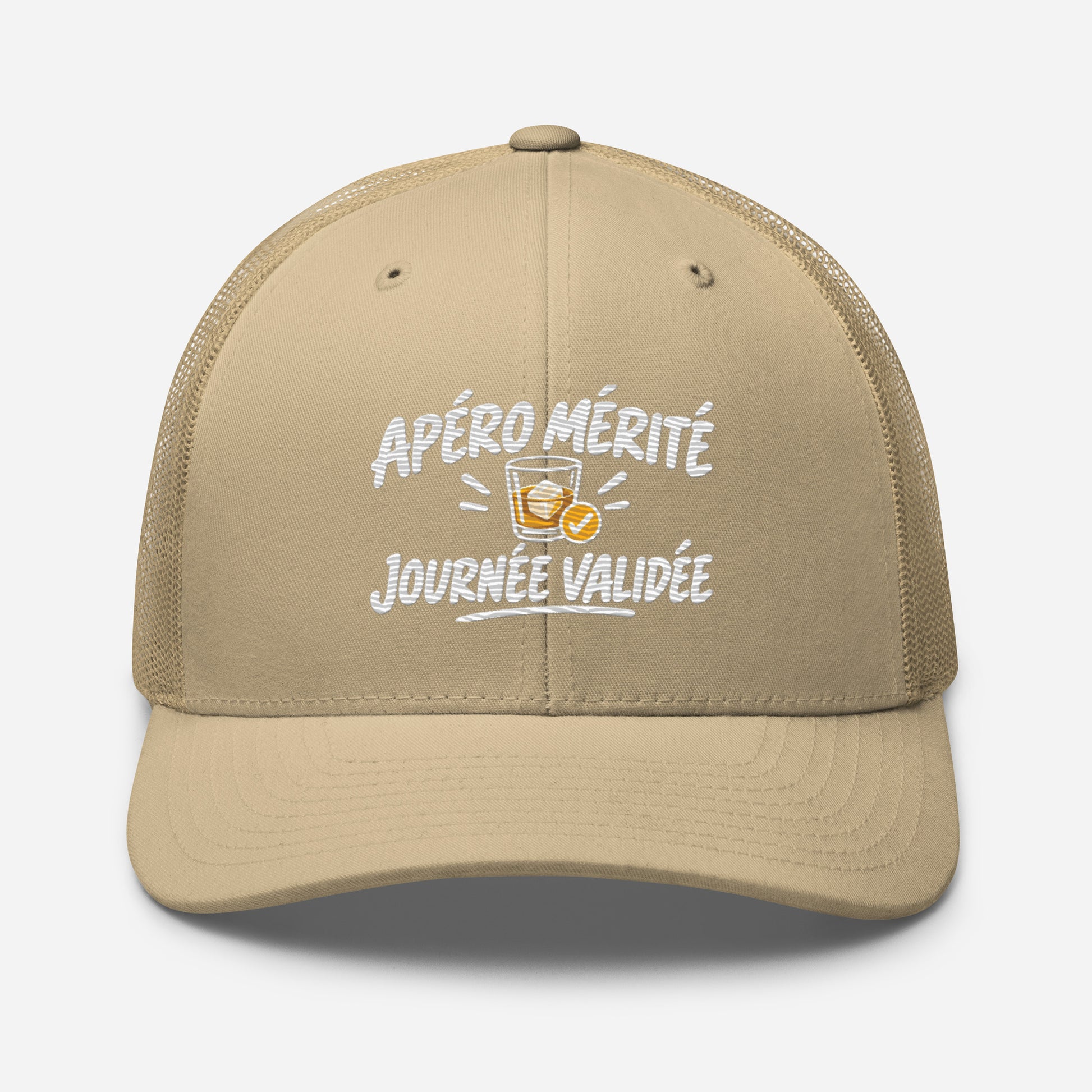 Casquette Trucker, brodée « Apéro mérité, journée validée », en Kaki, vue de face, image 86