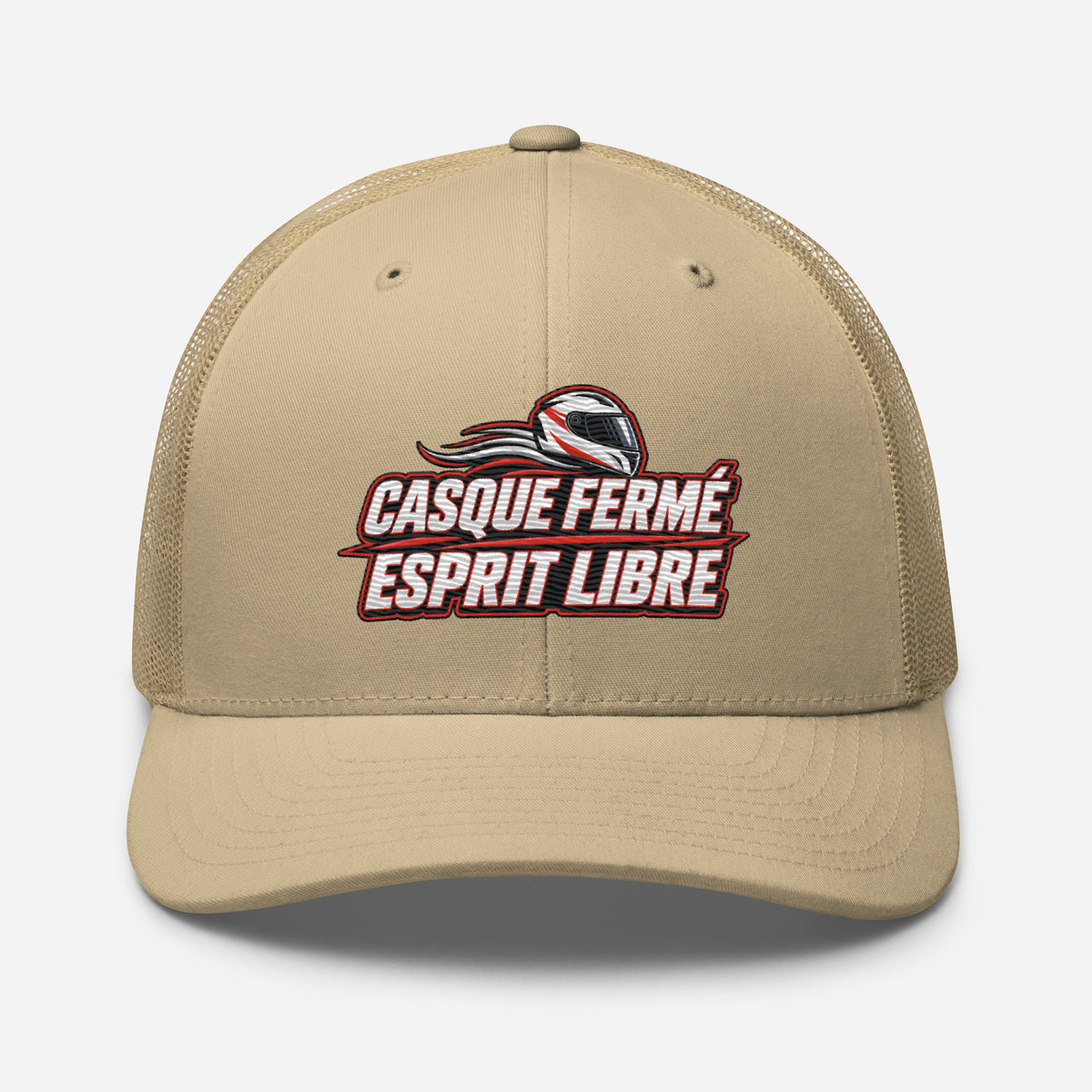 Casquette Trucker, brodée « Casque fermé, esprit libre », en Kaki, vue de face, image 86