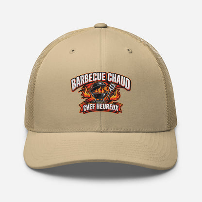 Casquette Trucker, brodée « Barbecue chaud, chef heureux », en Kaki, vue de face, image 86