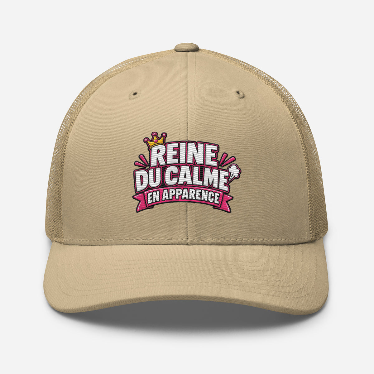 Casquette Trucker, brodée « Reine du calme, en apparence », en Kaki, vue de face, image 87