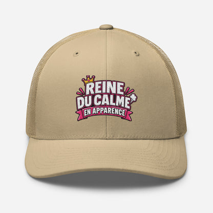 Casquette Trucker, brodée « Reine du calme, en apparence », en Kaki, vue de face, image 87