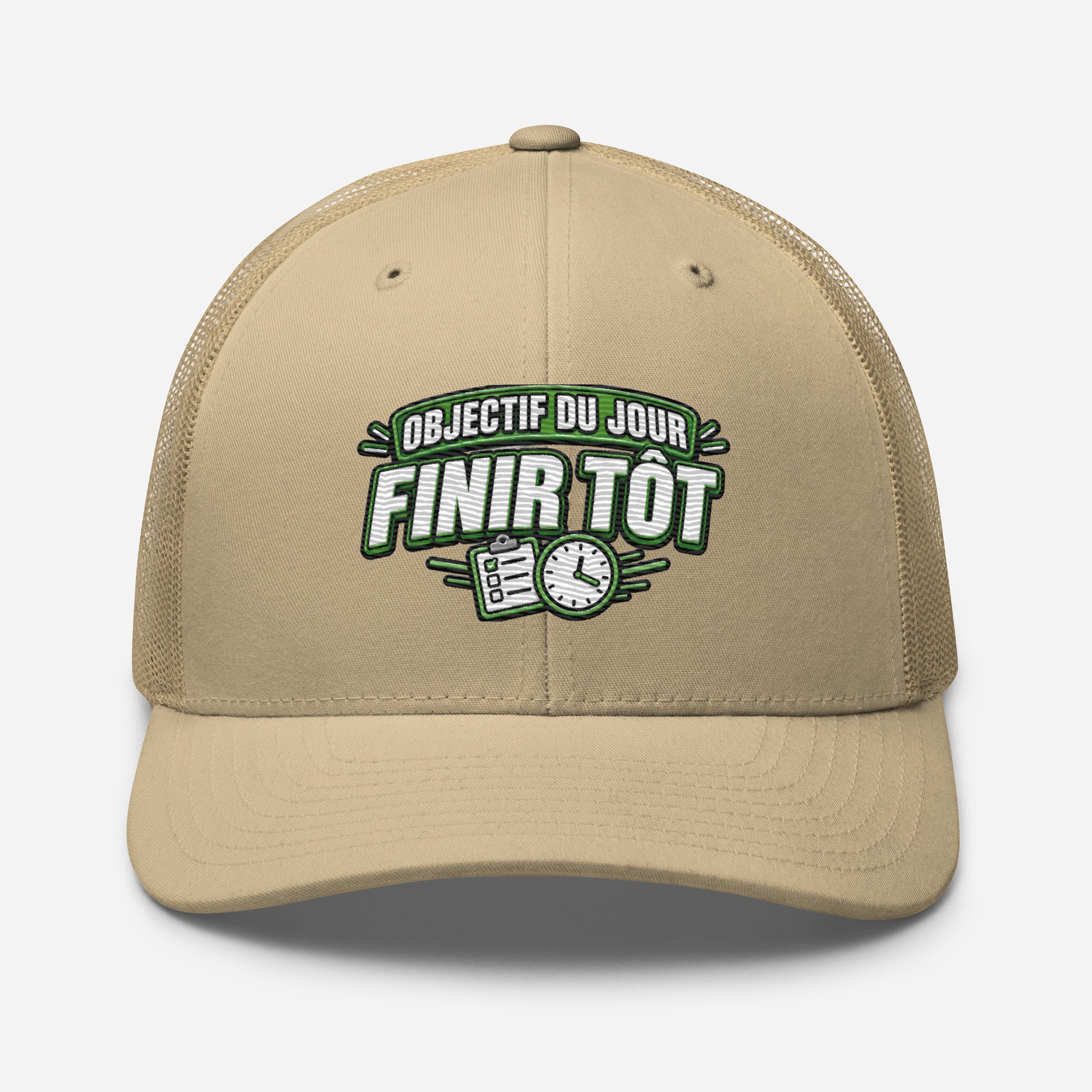 Casquette Trucker, brodée « Objectif du jour, finir tôt », en Kaki, vue de face, image 86