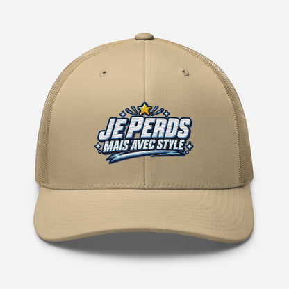 Casquette Trucker, brodée « Je perds mais avec style », en Kaki, vue de face, image 86