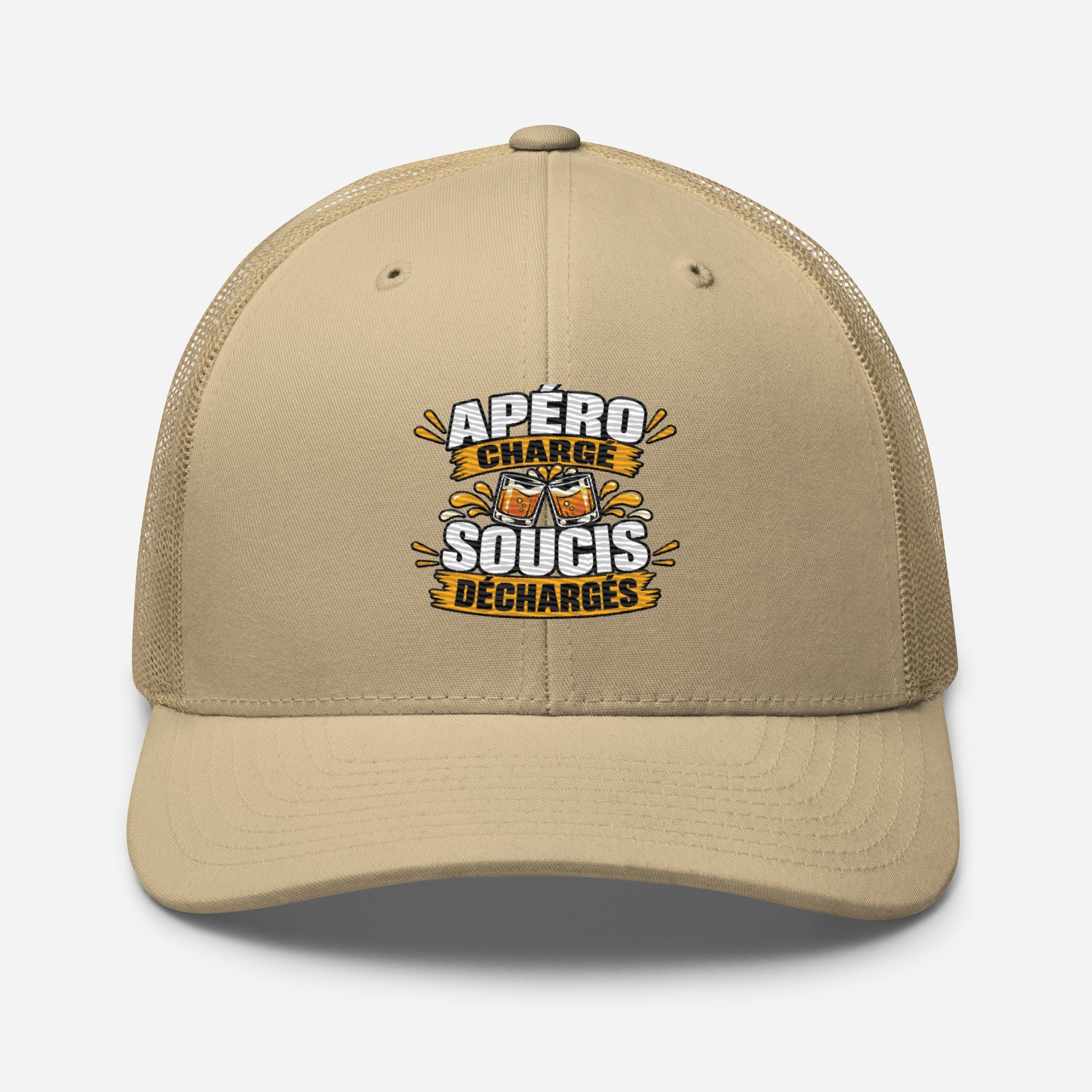 Casquette Trucker, brodée « Apéro chargé, soucis déchargés », en Kaki, vue de face, image 86