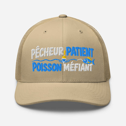 Casquette Trucker, brodée « Pêcheur patient, poisson méfiant », en Kaki, vue de face, image 86