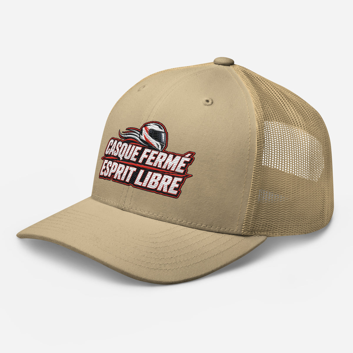 Casquette Trucker, brodée « Casque fermé, esprit libre », en Kaki, vue de trois quarts, image 88
