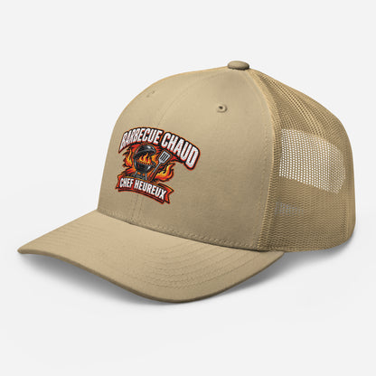 Casquette Trucker, brodée « Barbecue chaud, chef heureux », en Kaki, vue de trois quarts, image 88