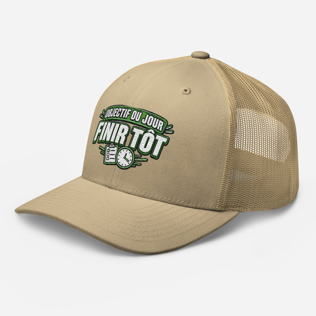 Casquette Trucker, brodée « Objectif du jour, finir tôt », en Kaki, vue de trois quarts, image 88