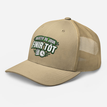 Casquette Trucker, brodée « Objectif du jour, finir tôt », en Kaki, vue de trois quarts, image 88