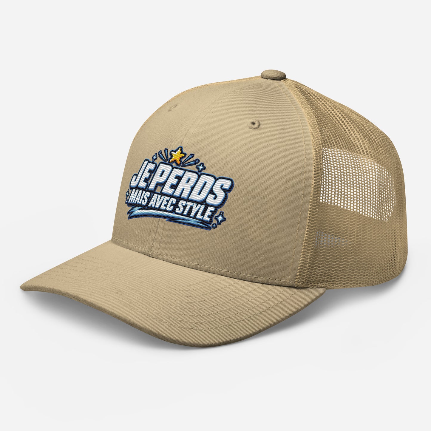 Casquette Trucker, brodée « Je perds mais avec style », en Kaki, vue de trois quarts, image 88