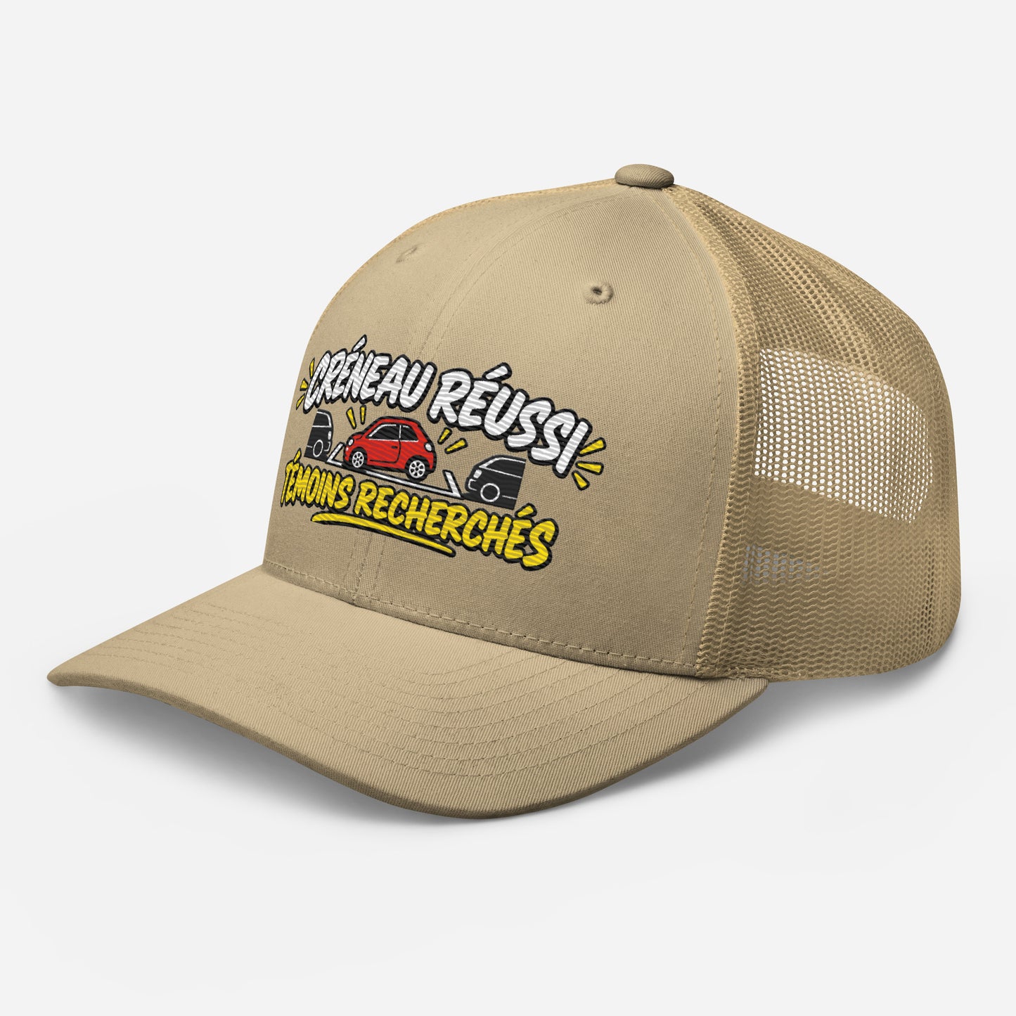 Casquette Trucker, brodée « Créneau réussi, Témoins recherchés », en Kaki, vue de trois quarts