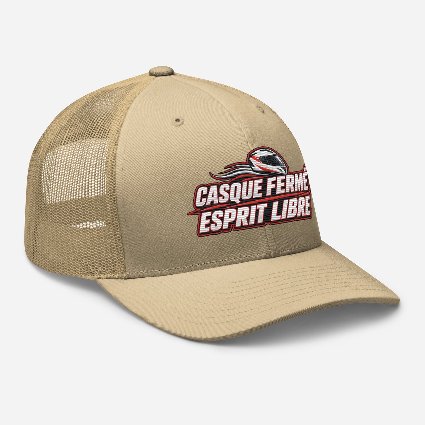 Casquette Trucker, brodée « Casque fermé, esprit libre », en Kaki, vue de trois quarts, image 90