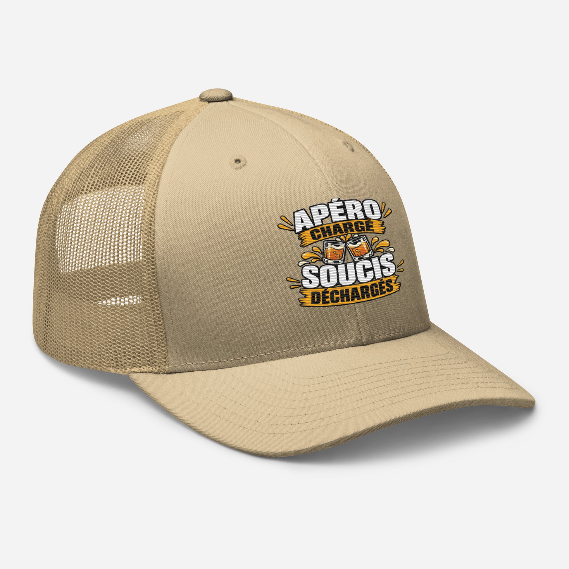 Casquette Trucker, brodée « Apéro chargé, soucis déchargés », en Kaki, vue de trois quarts, image 90